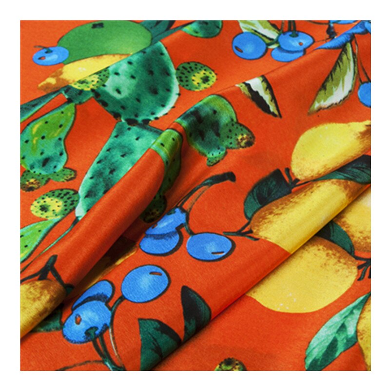 Tela de seda estampada con frutas, 115 cm, 12mm, tela de seda china de crepé, tela de vestido transpirable de verano,