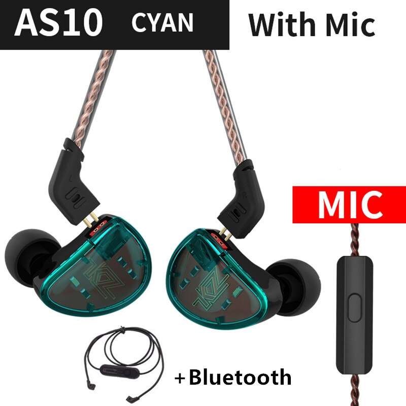 Kz AS10 Cyaan 5BA Balanced Armature Driver Hifi Bass In Oortelefoon Monitor Game Headset Noise Cancelling Oordopjes: Cyan mic Bluetooth