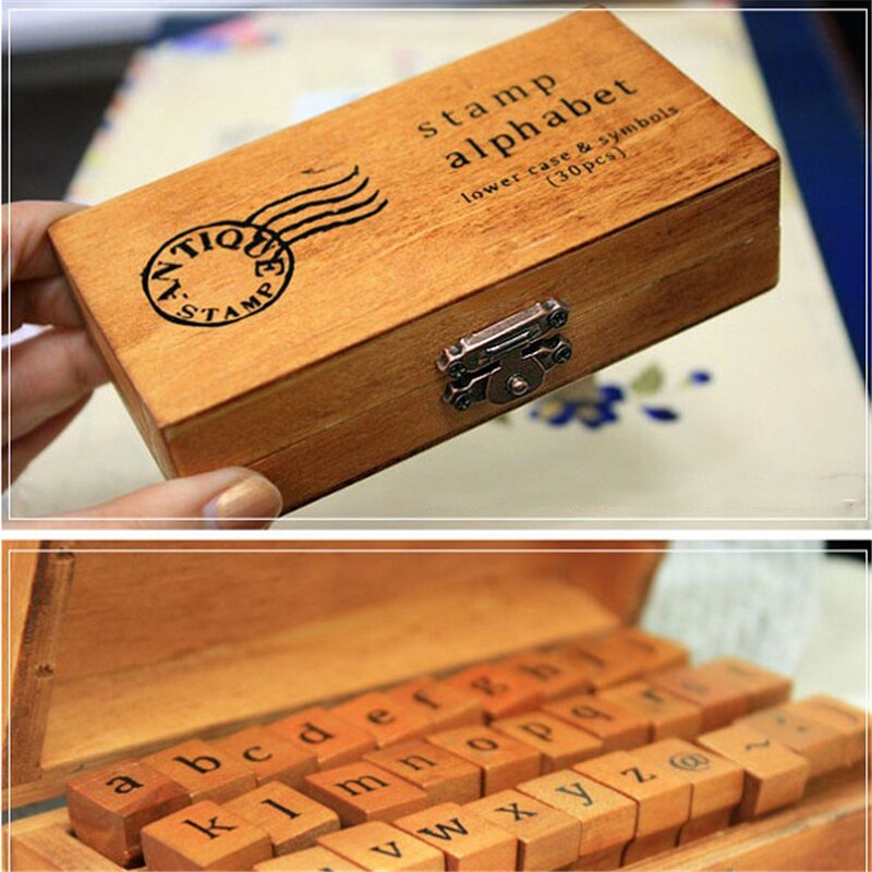 Set van 30 retro houten rubberen stempels met hoofdletters en kleine letters, ambachtelijke stempels voor scrapbooking