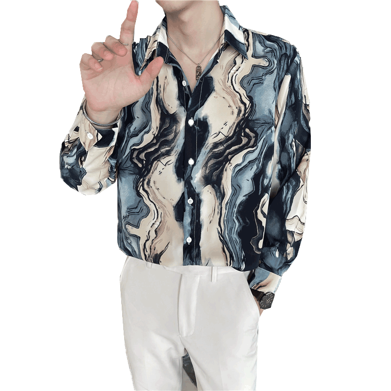 Camisas holgadas con estampado de arte a rayas para hombre, camisa informal de manga larga, ropa de calle de gran tamaño, blusa de esmoquin para Social, 2022