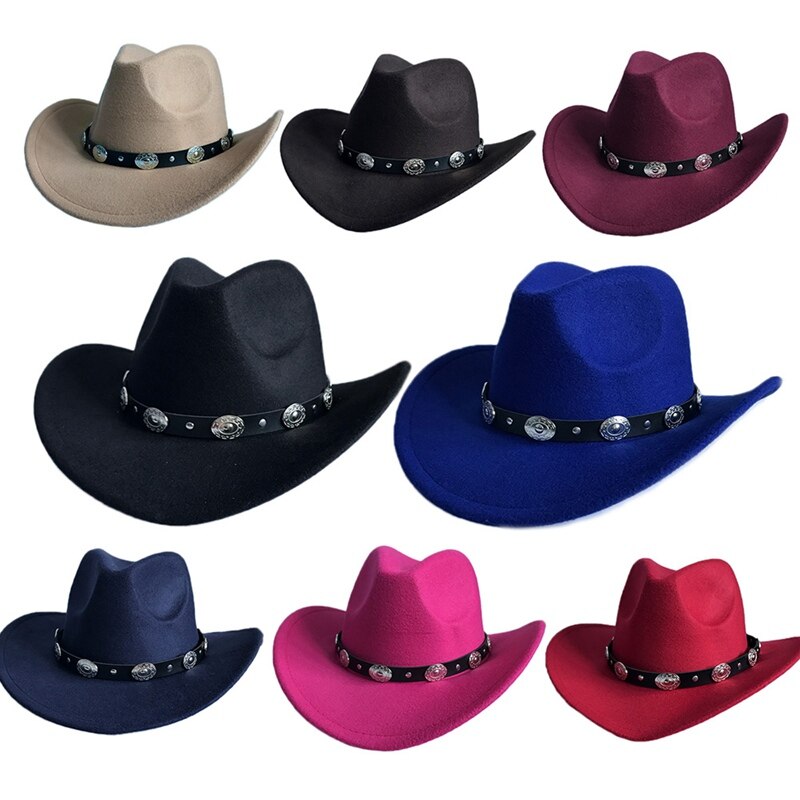 Womem Men Western Cowboy Hat With Wide Brim Punk Belt Cowgirl Jazz Cap With Leather Toca Gentleman Sombrero Cap