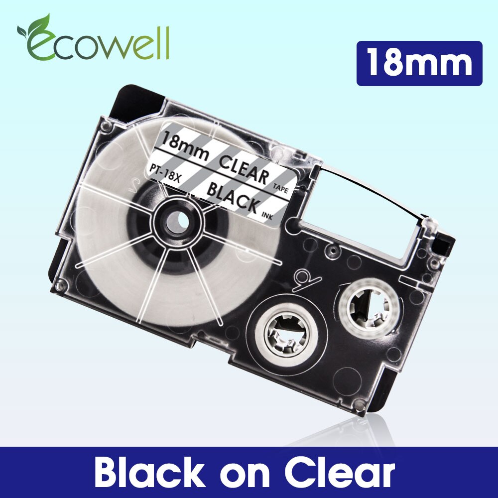 Ecowell 18Colors Compatible Casio XR-18WE XR-18X XR-18RD XR-18BU XR-18YW XR-18GN label tape for Casio KL-750 120 EZ Label Maker: Black on Clear