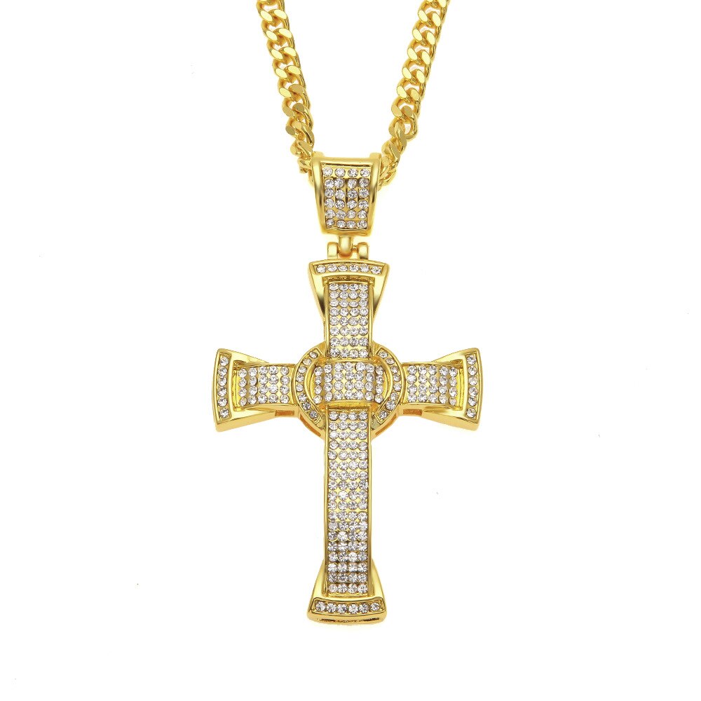 Hip Hop AAA Cubic Zircon Ice Cross Pendant Men's Rap Street Dance Necklace Jewelry: gold with  chain