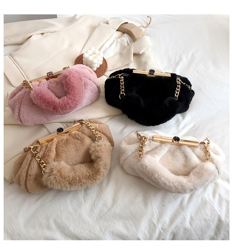 Casual, effen pluchen schoudertas met ketting, herfst/winter, dames, kleine crossbodytas met drukknopen