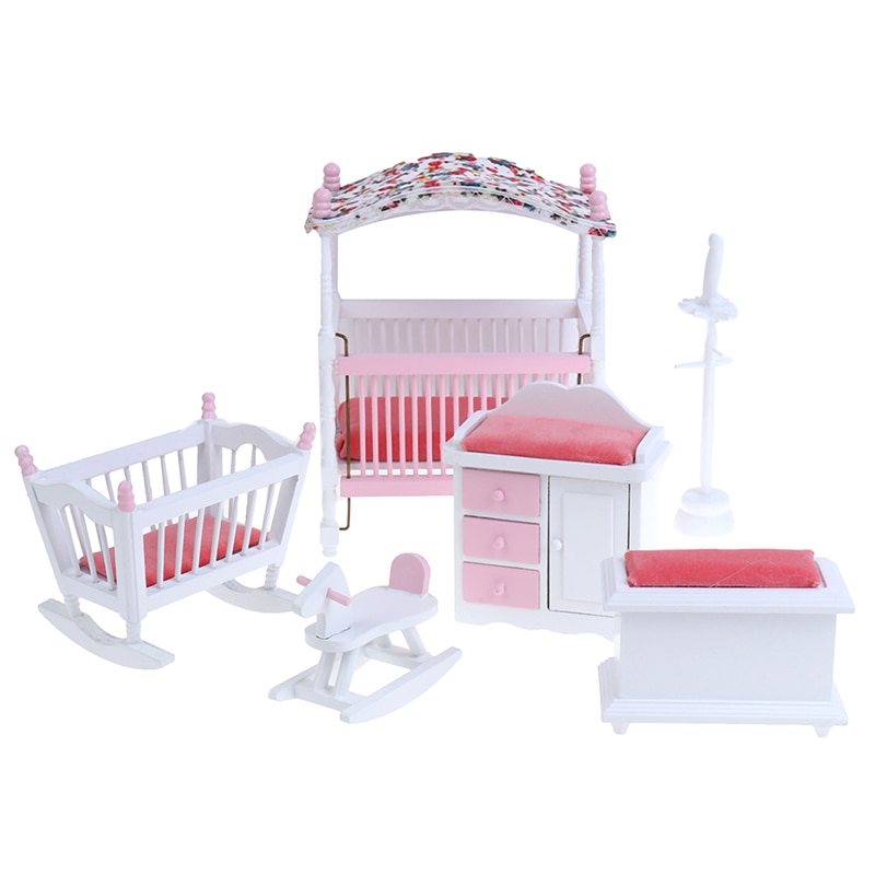 6pcs/set Mini Dollhouse Bedroom Furniture Toys Set 1/12 Wooden Simulation Furniture DIY Model Toy for Doll House Decoration Pink