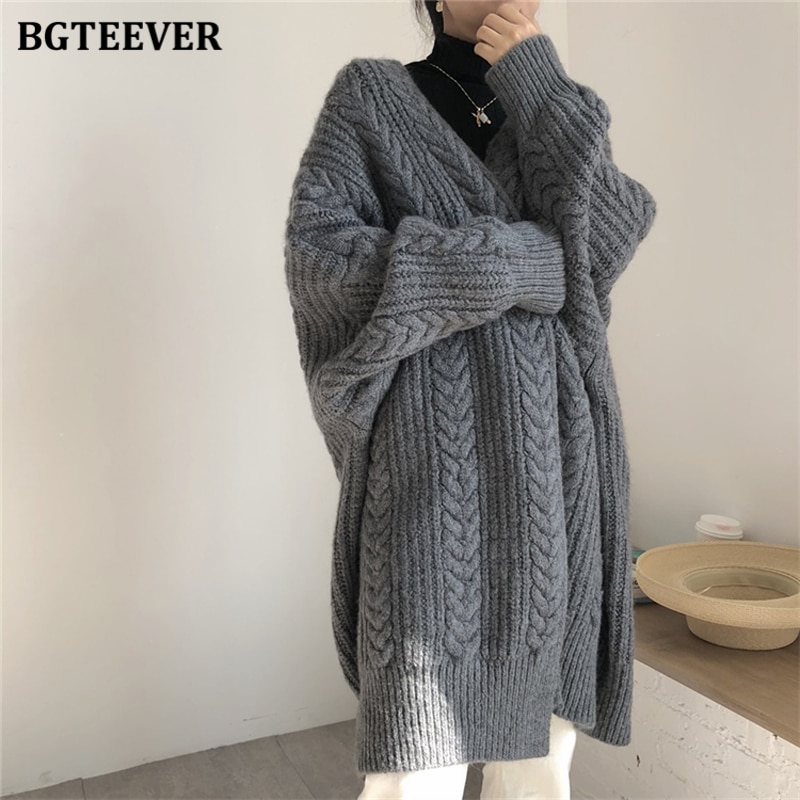 Bgteever vintage løs kvindelig lang sweater cardigans tykke varme kvinder snoet strikket cardigan efterår vinterfrakke