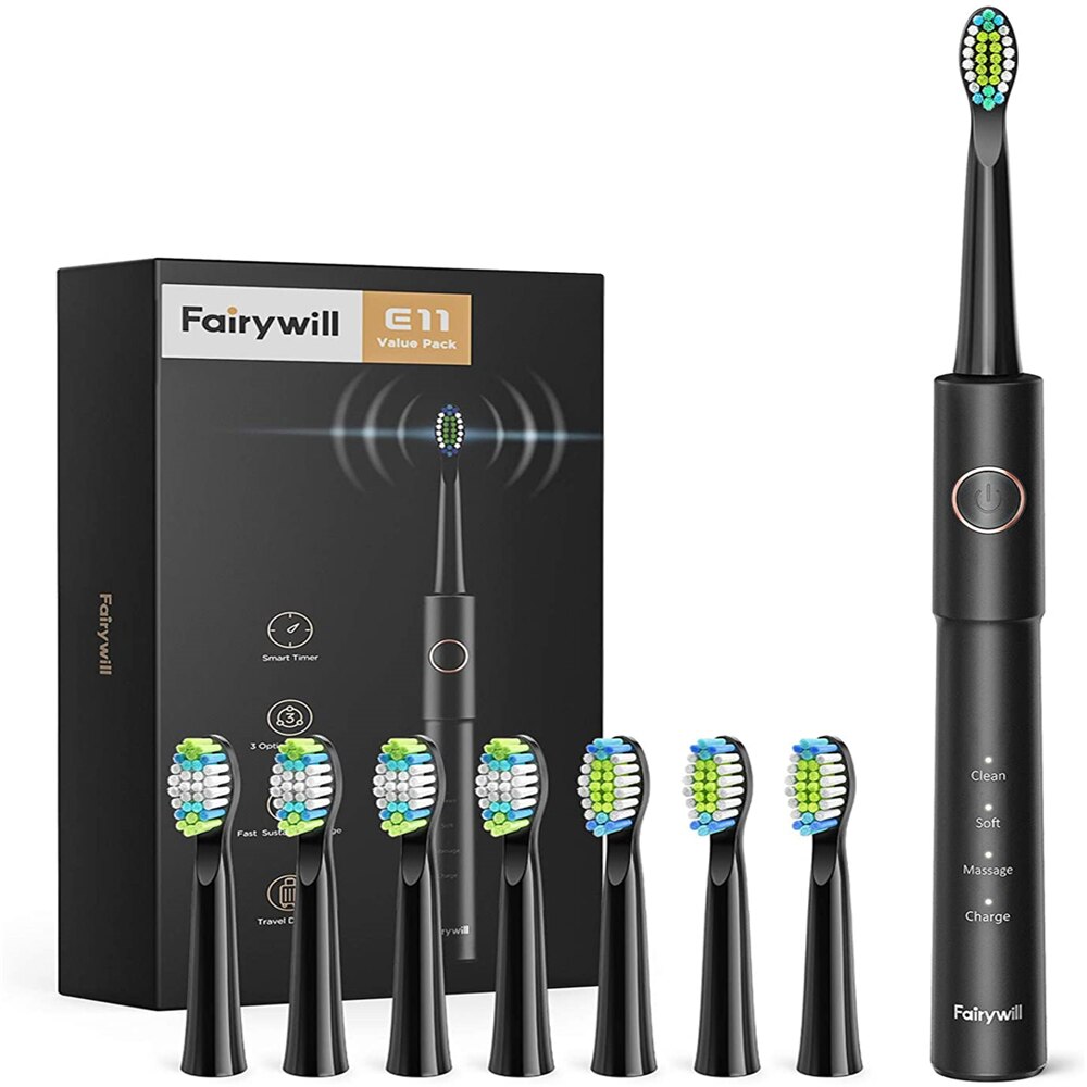 Spazzolino elettrico sonico Fairywill carica USB ricaricabile spazzolino da denti sonico impermeabile E11 sostituzione 8 teste adulto pro dentale: E11B-8BH