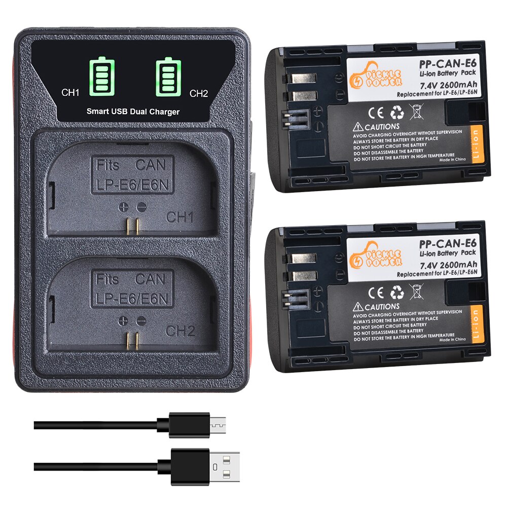 LP-E6 LP E6 LPE6 LPE6N batería + LED construido-en el cargador Dual USB para Canon EOS 5D 6D 7D 60D 70D 80D Mark II Mark III: 2 battery 1 charger