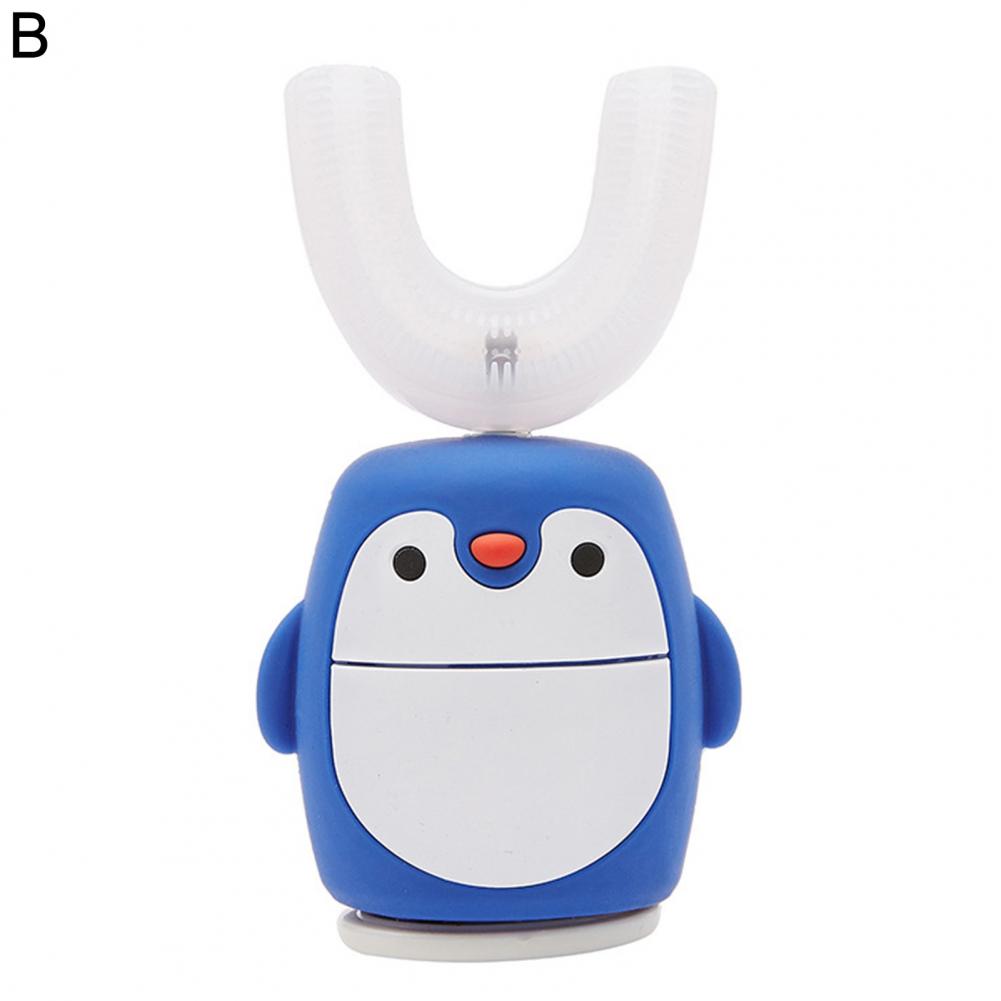 U-Shaped Toothbrush For Children/Teeth Toothbrush Cartoon Shape Waterproof Food Grade Material Kids Cute Electric Toothbrush: Blue B Penguin