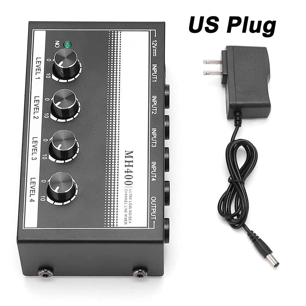 4 Channel Line Mixer Mini Audio Mixer Ultra Low Noise Mixer for Small Club Bar As Microphones Guitars Bass MH400 US EU Plug 110V: US plug