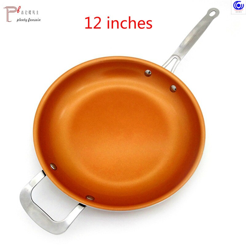 Non-stick Copper color Frying Pan with Ceramic Coating and Induction cooking Oven & Dishwasher safe 8 -10-12 inches glass lid: 12 inch round