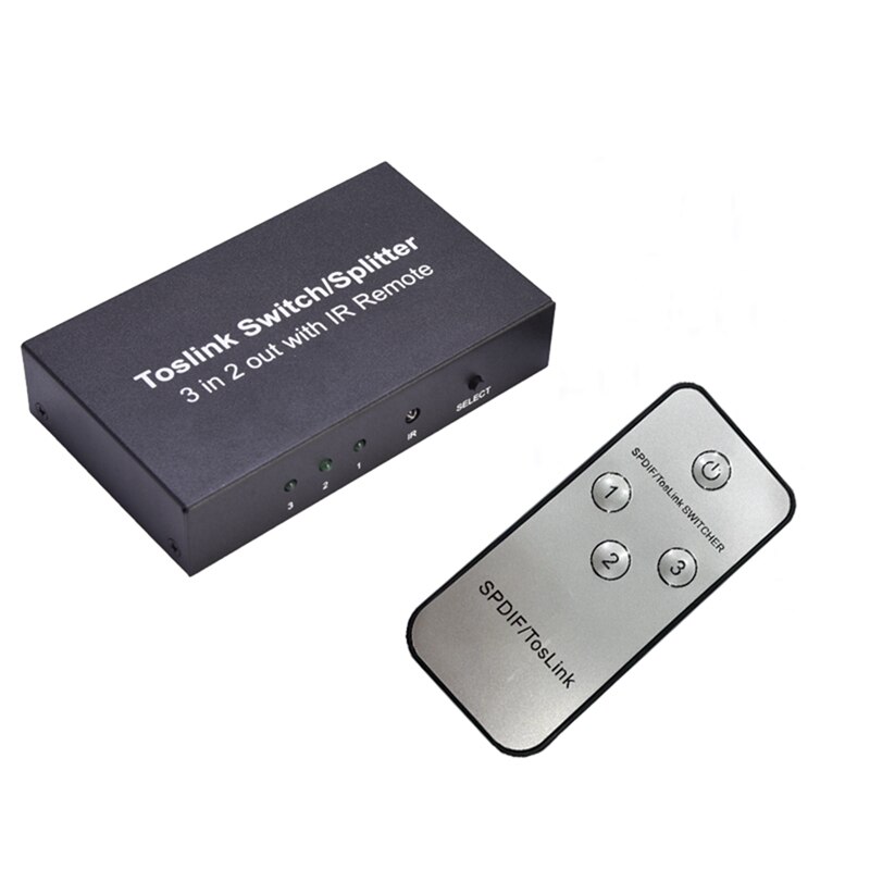 Conmutador óptico de 3 puertos con divisor de Audio Digital óptico Spdif Toslink de 2 vías, 3 en 2, con interruptor de Control remoto IR: Default Title