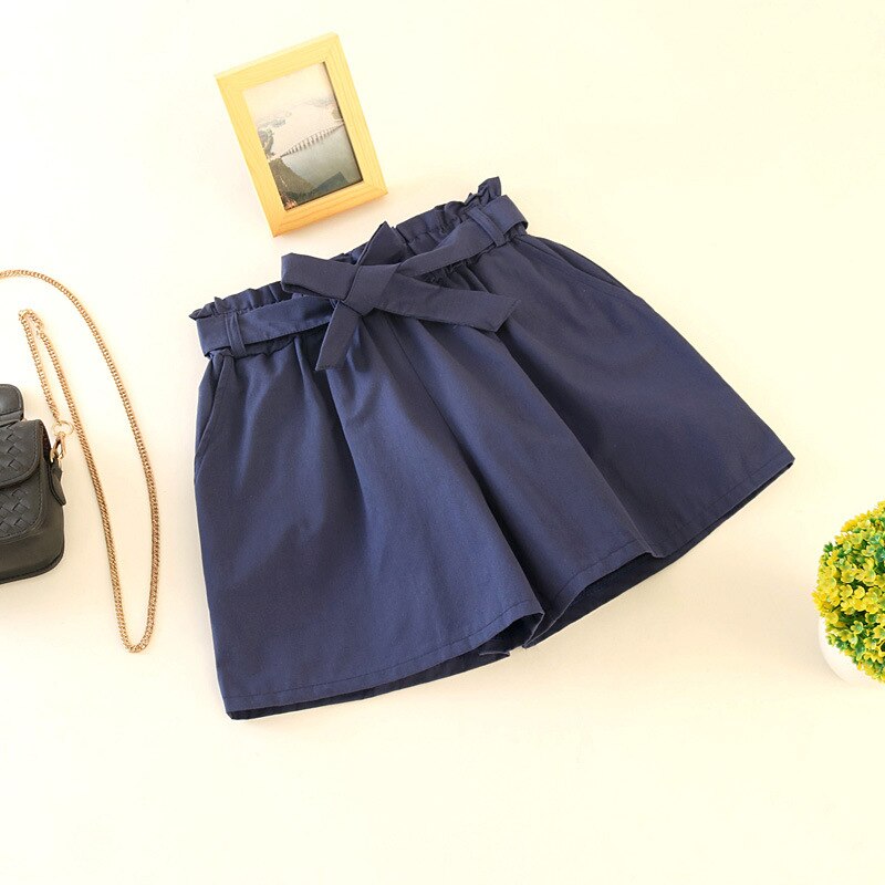 Elastic waist tie bow Loose Cotton shorts Womens summer Korean ruffles wide leg shorts for women wild casual Shorts: Dark-blue