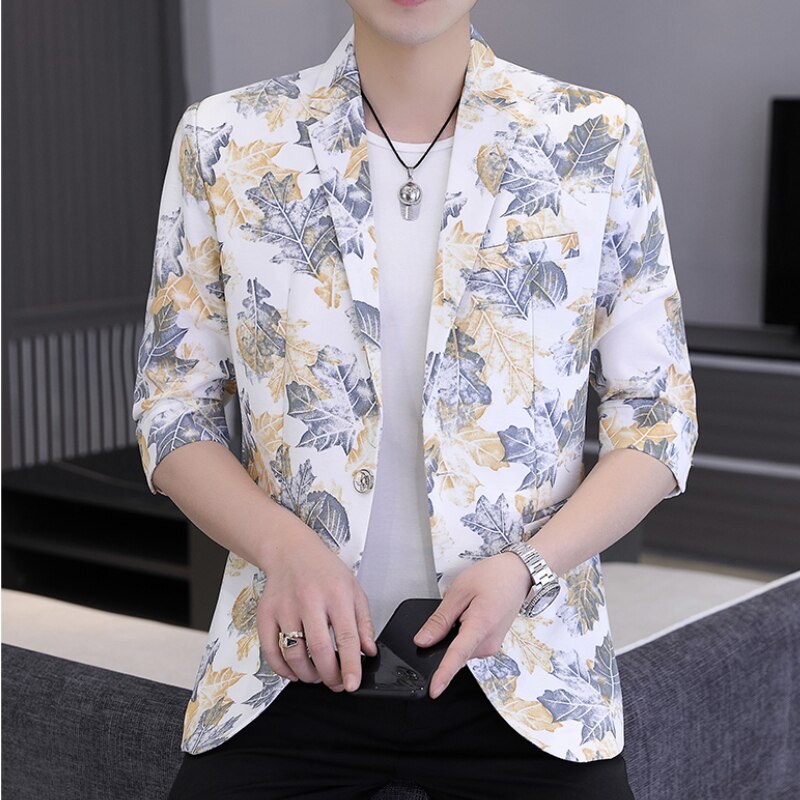 Spring Summer Men Blazers Flower Half Sleeve Casual Suit Jacket Wedding Business Street Wear Social Jacket Slim Fit Dress Coat