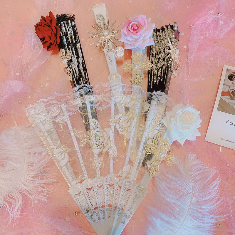 Lolita – éventail pliable en dentelle Rose, Style rétro européen, Style gothique foncé, pour danse de cour, , décoration de fête de mariage
