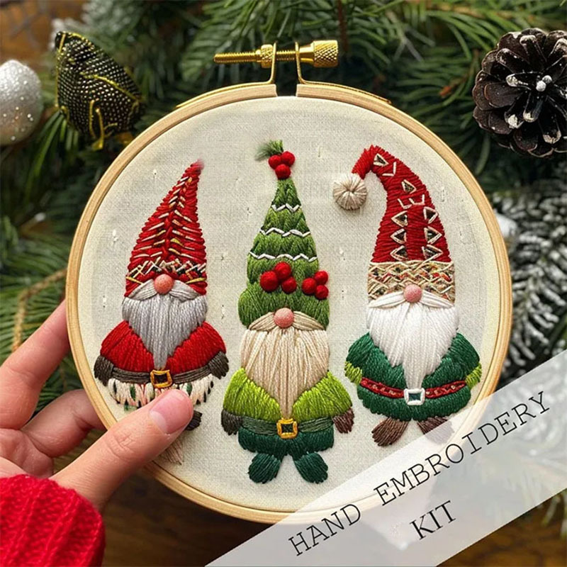 Kit de bordado navideño con muñeco de nieve de gnomo, Kit DIY para adultos con instrucciones de hilo de aguja, decoración del hogar: 20 x 30 cm / BLANCO