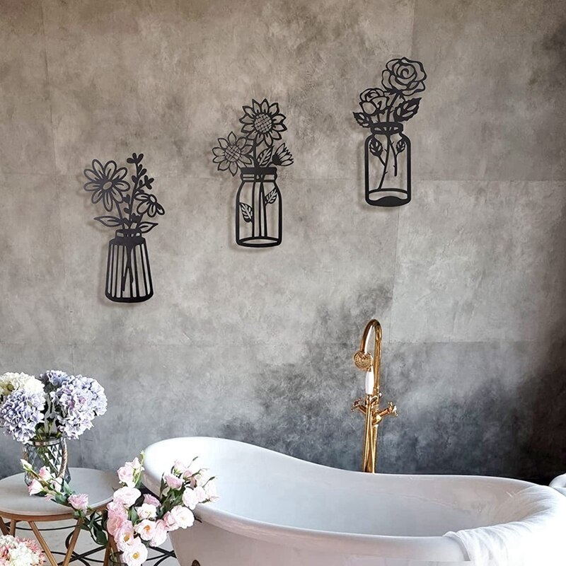 impostato di 3 fiori in metallo decorazioni murali fiore in metallo minimalista fiore in metallo parete arte arredamento parete arte fiore nero decorazioni in ferro