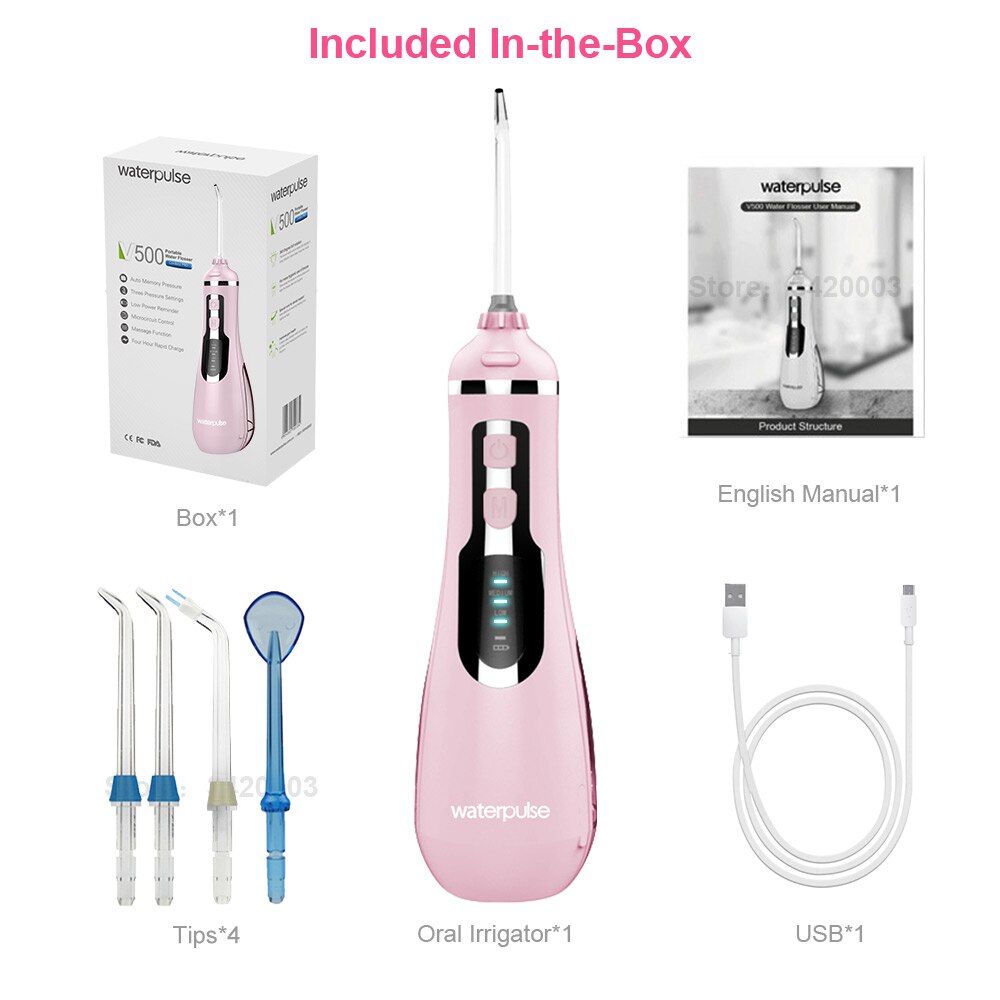 Waterpulse V500 Portable Water Flosser Rechargeable Oral Irrigator 200ml 4 Tips Water Floss Massage & Clean Dental Irrigation