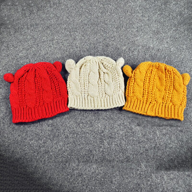 Gorro con orejas de gato y cuernos de diablo para mujer, gorra tejida a ganchillo, gorros de lana tejidos a la , gorros cálidos para invierno y otoño