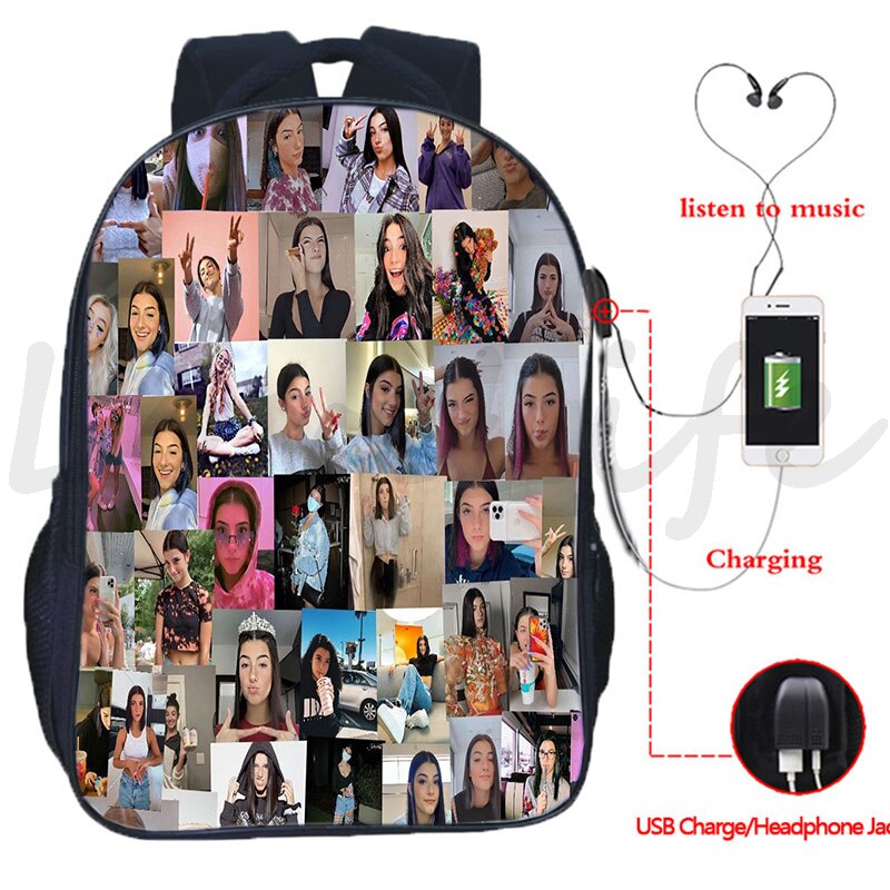 Plecak Charli Damelio plecak USB Design chłopcy dziewczęta torby szkolne mężczyźni kobiety dwuwarstwowy plecak na laptopa plecak podróżny USB: 11