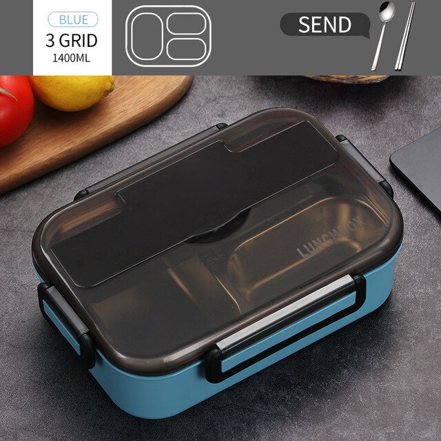 Lunchbox Voedsel Container Magnetron Verwarmd Lunchbox Voor Kids 304 Roestvrij Bento Lunchbox Voedsel Container Keuken Accessoires: 1400ml 3 Grid Blue