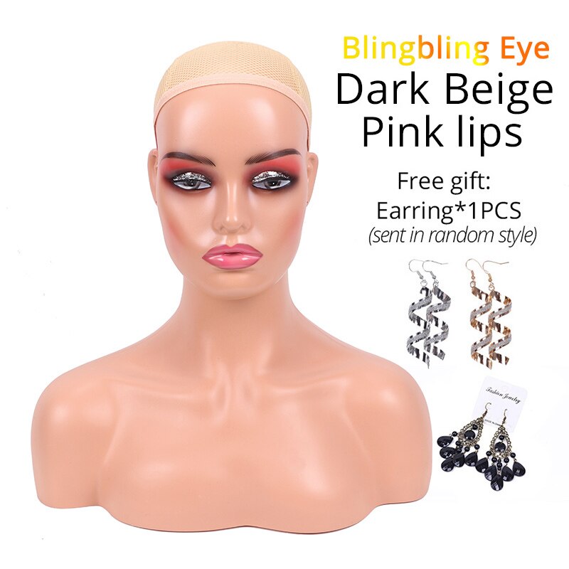Plussign Realistic Half Body Double Shoulder Pvc Training Mannequin Heads For Display Wigs Hat Jewelry Practice Model Head: Pinklips-DarkBeige