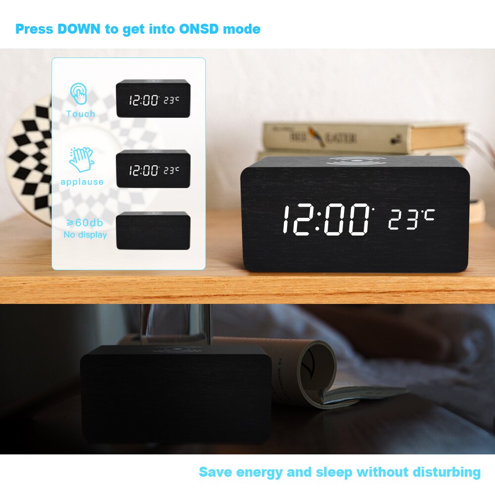 FiBiSonic Holz LED Digital Tisch Wecker mit Mit Qi kabellos aufladen Pad Kompatibel Mit Für Iphone Samsung