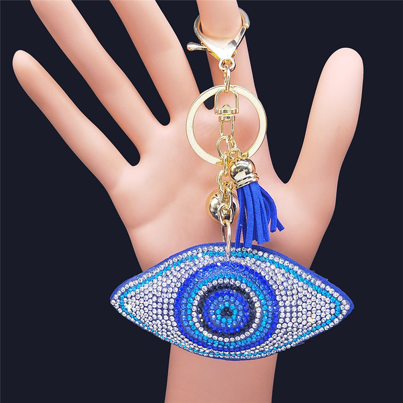Llaveros de cristal con ojos de pavo, anillo para mujer, llavero de Color azul dorado, accesorios para bolso, joyería, llaveros para mujer
