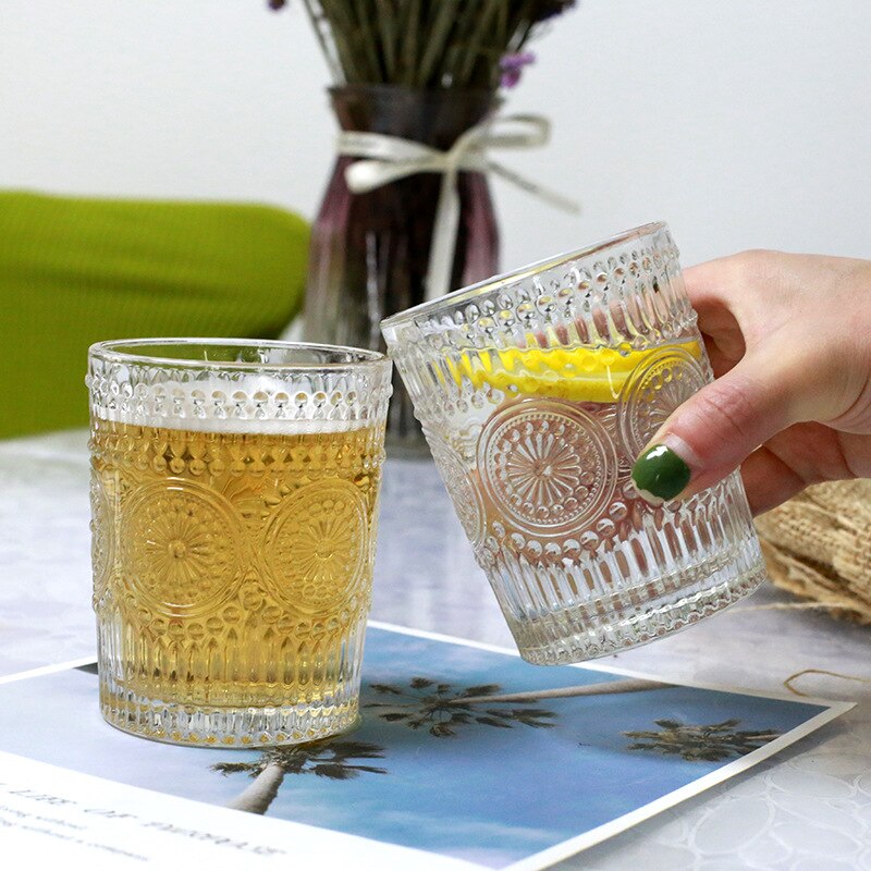 Nordisk retro relief solblomst glas vandglas vin juice mælk morgenmad guld indrammet glas