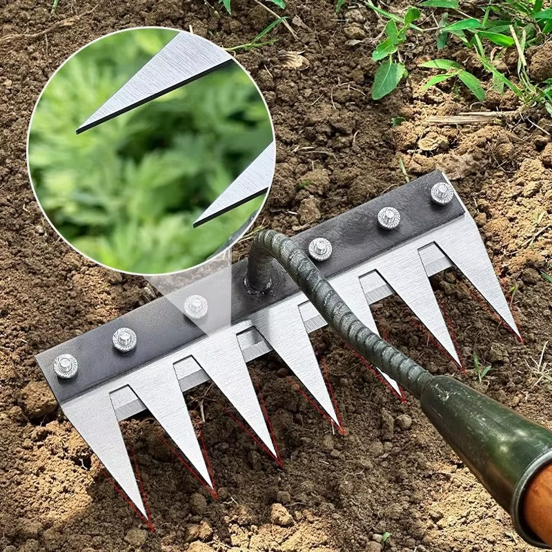 5/6/7/8 Teeth Iron Gardening Hoe Weeding Rake Farm Tool Grasping Raking Loosening Soil Nail Rake Tool Artifact Harrow Farm Tool