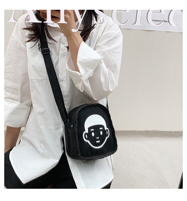 Adolescentes moda caráter padrão mini bolsa de lona alça larga bolsa de ombro para mulheres estilo japonês aleta casual sacoche homme