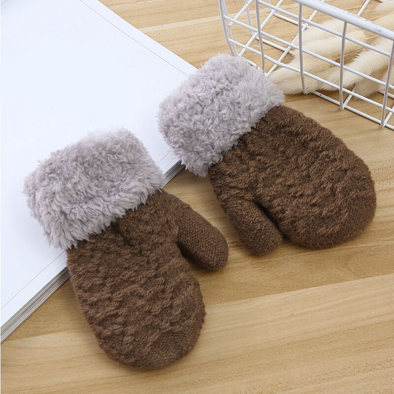 Kind Warme Handschoenen Winter Outdoor Effen Kleur Volledige Vinger Handschoenen Kids Pluche Dikker Wanten Unisex Meisjes Jongens Gebreide Handschoenen: Coffee