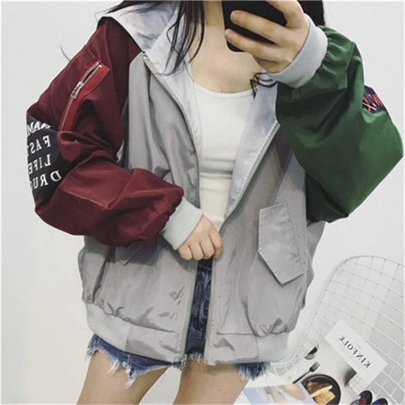 Jacket Women's Spring Jacket Women Contrast Short Jacket Long Sleeve Zipper Letter Female Jacket Korean Loose feminine Coat: Gray / S