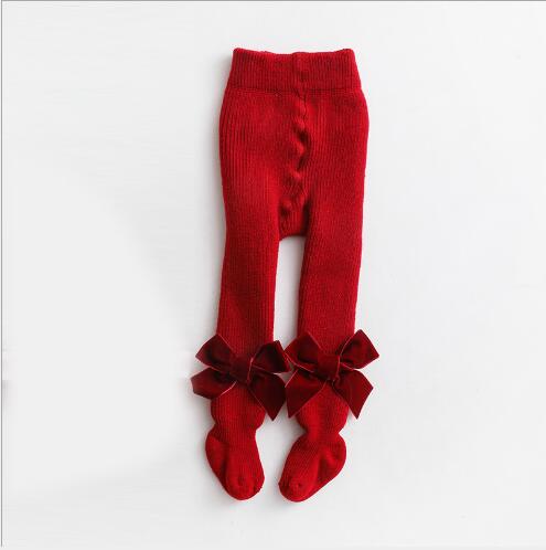 Children plus velvet leggings red flannel bow pantyhose Christmas Year thick pants leggings: Red / M