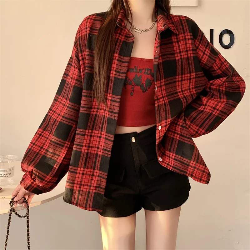 Camisa de flanela preta para mulheres, manga comprida, gola, botão, camisa xadrez tartan, jaqueta, adolescente, roupa casual diária