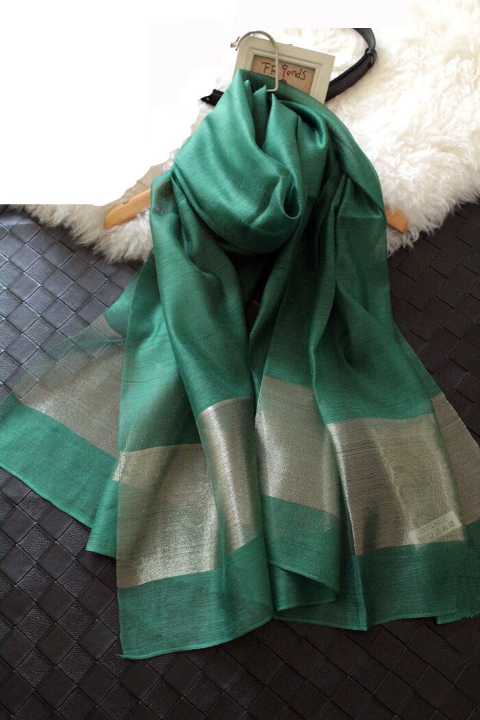 Zijden Sjaals Elegante Zijden Vrouwen Sjaal Mode Zwarte Stiksels Goud Zijde Sjaals Lange Sectie Zachte Sjaal Uitlaat Organza Sjaal: green scarf