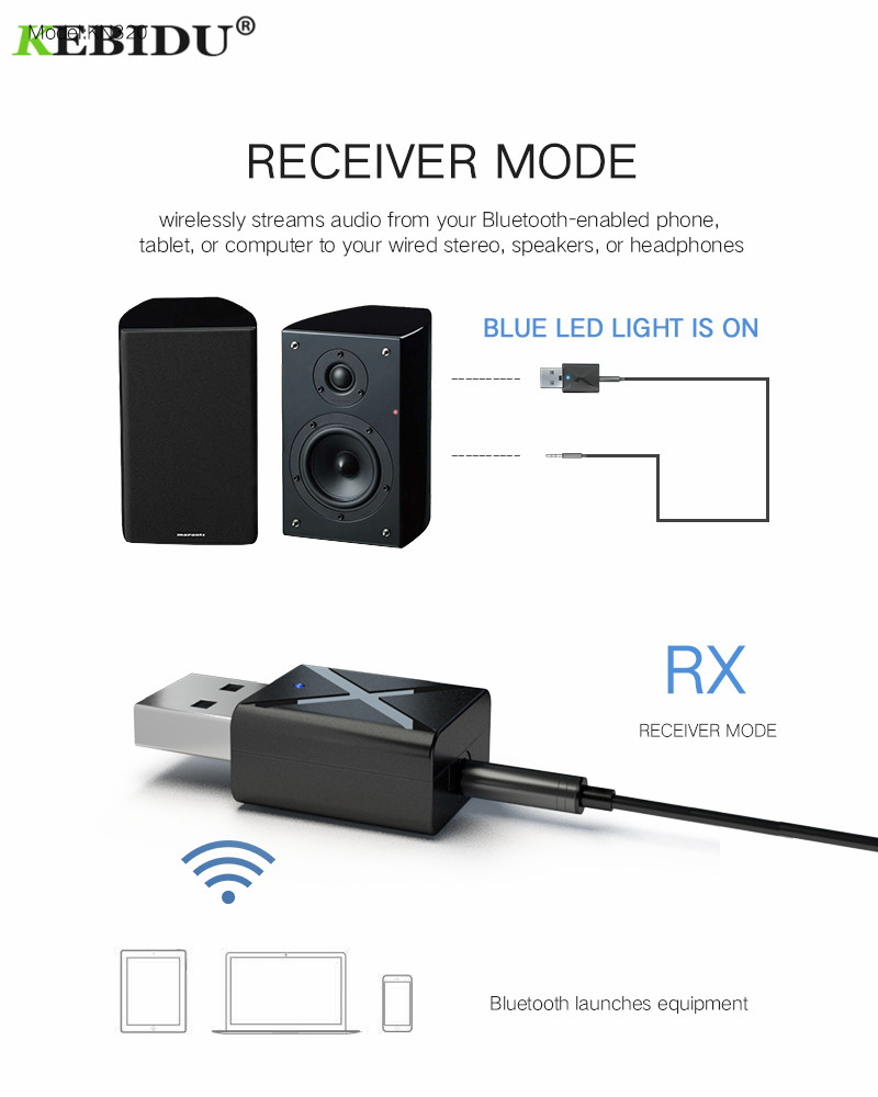 Kebidu-minitransmisor receptor, inalámbrico por Bluetooth V5.0, 3,5mm, AUX estéreo, adaptador para música de coche para TV, novedad