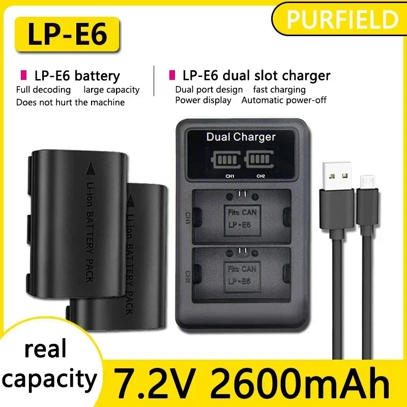 PURFIELD 2600mAh 7.2V LP-E6 LP E6 E6N Batterij + LED Dual Charger Voor Canon EOS 5DS R 5D Mark II 5D Mark III 6D 7D 70D 80D Camera