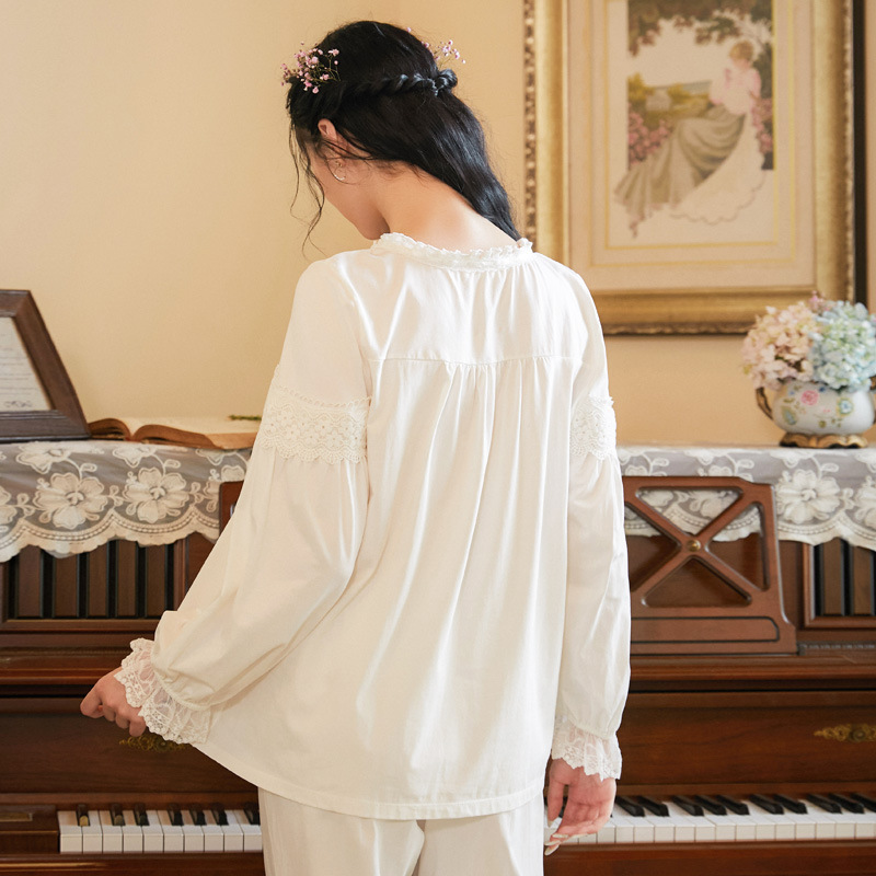 Spring Pure Cotton Pajamas Women Retro Long-sleeved Trousers Loose Large Size Palace Style Cotton Home Service Two-piece