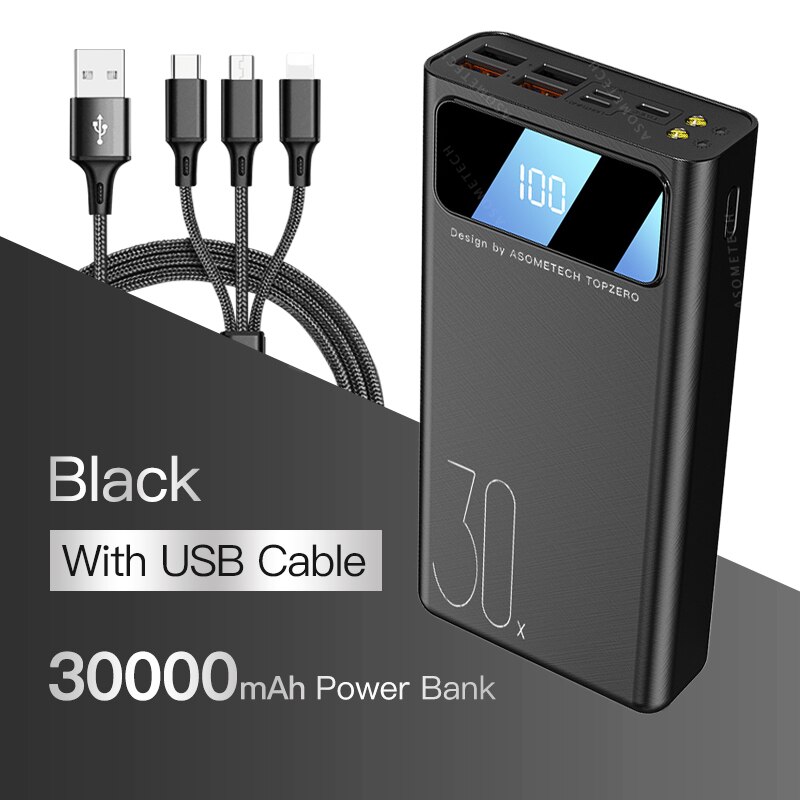 30000mAh Power Bank 4 USB Outputs LED Portable Powerbank USB Type C 30000 mAh Poverbank External Battery Pack For Phone Tablet: Black with Cable