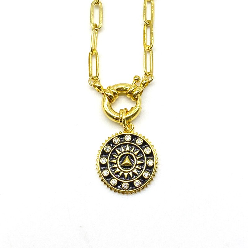 5PCS/lot Brass Enamel Pendants Link Chain Clasps Necklaces Womens Jewelry: Black round