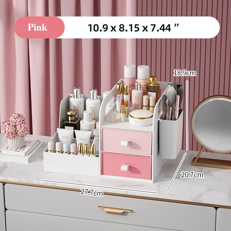 Dresser Organizer For Cosmetics Box Plastic Table Facial Makeup Dust-proof Drawer Rack Bathroom Living Room Storage Container: 1 plus 1 Pink