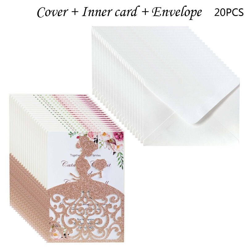 20pcs/set Wedding Invitations Cards Glitter Girl Greeting Card Invite Envelopes Bridal Engagement Party Supplies: Rose Gold