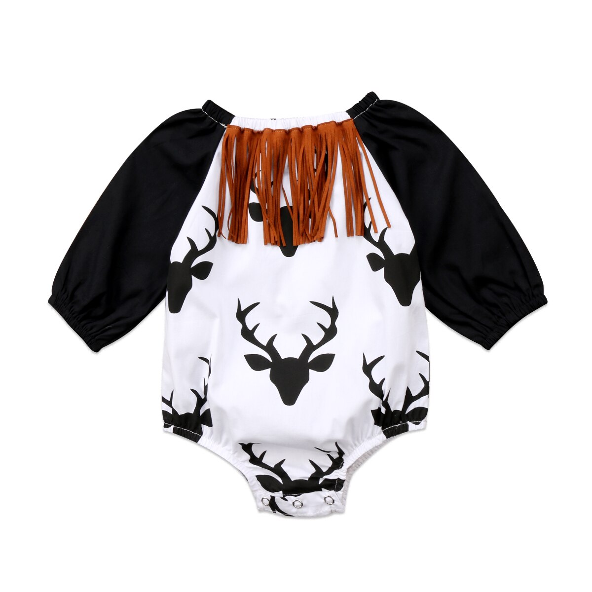 Emmababy XMAS Bodysuit Baby Kids Girls Boy Deer Printed Tassel Bodysuit Jumpsuit Long Sleeve Clothes: 12M