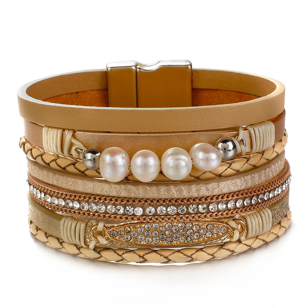 ALLYES Vintage Multilayer Leather Crystal Bracelet for Women Men Beads Pearl Charms Wrap Bracelets Femme Jewelry: Khaki