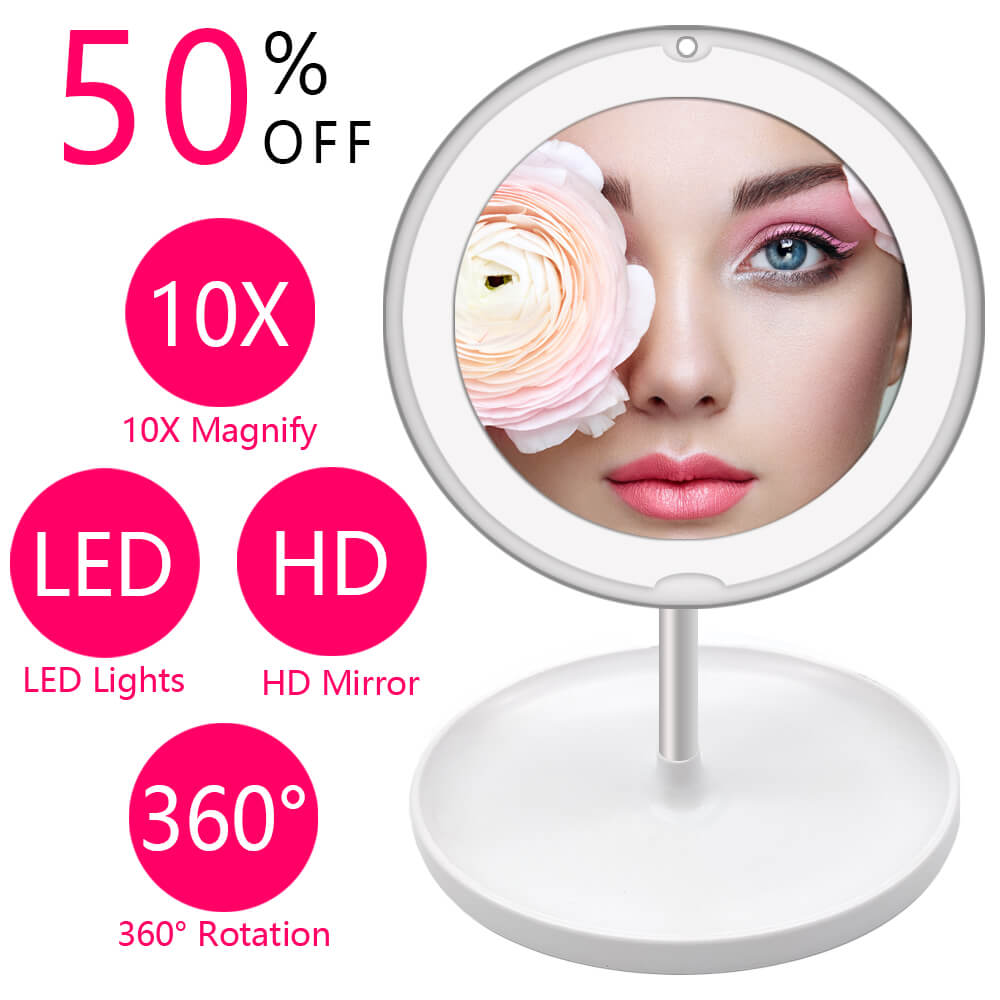 Beste 10X Vergrootglas Led Make-Up Spiegel Lamp Vergrootglas Batterij Draagbare Hand Vanity Glas Make Up Mini Cosmetische Zuignap