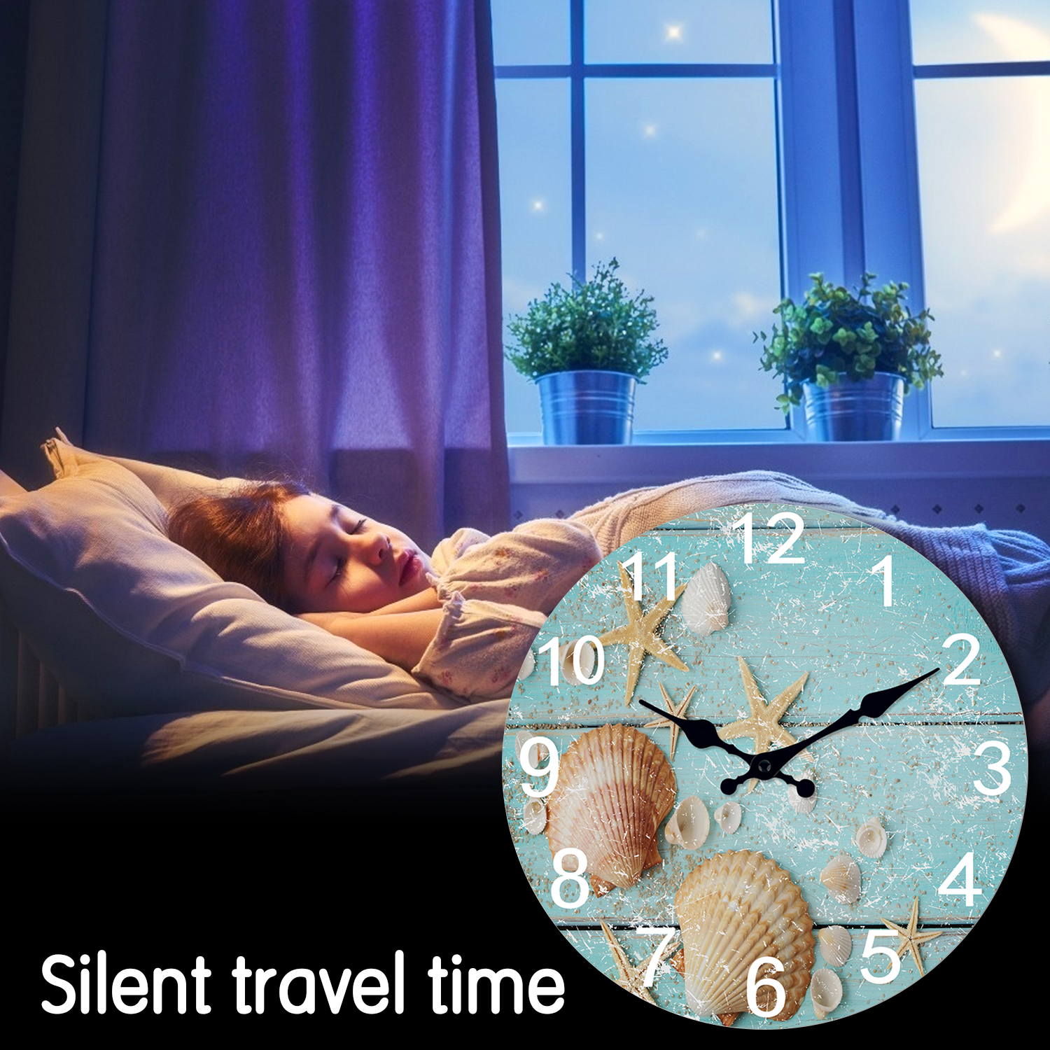 Plaża Morze Rozgwiazda Muszle Niebieskie Zegary Ścienne Nie Tykające dla Dziewczynki Chłopca Sypialnia Łazienka Kuchnia salon Biuro Okrągły Zegar