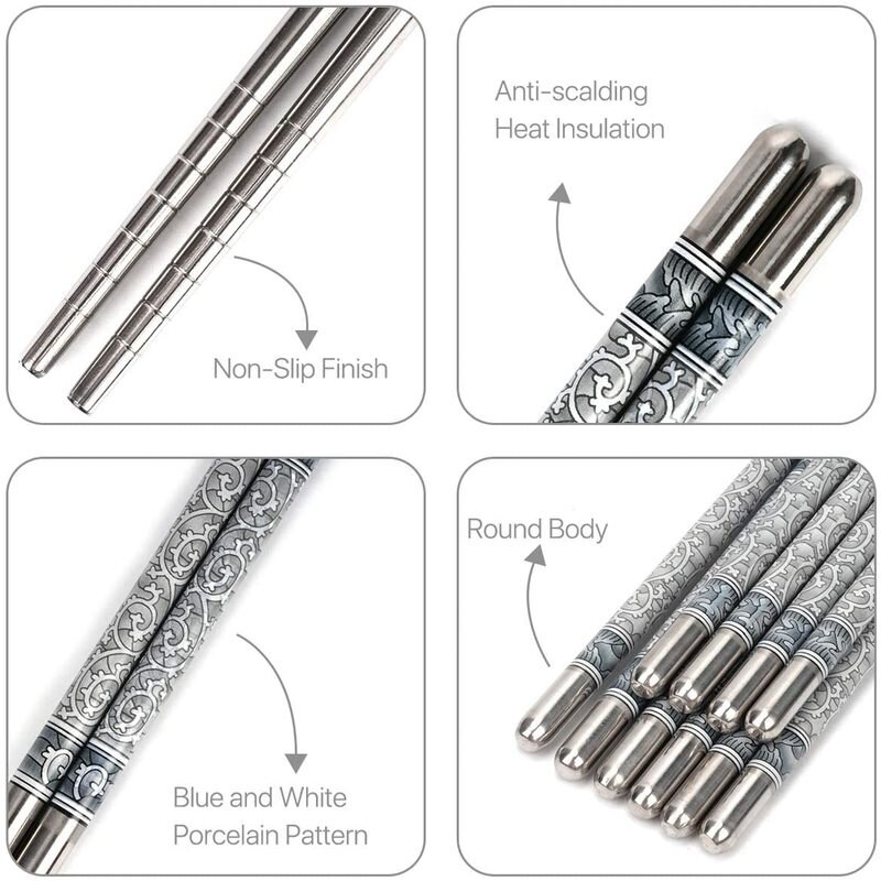 Five Pairs 22cm Metal Non-Slip Retro Blue White Porcelain Pattern Stainless Steel Chopsticks JDZ Sushi Sticks Convenient