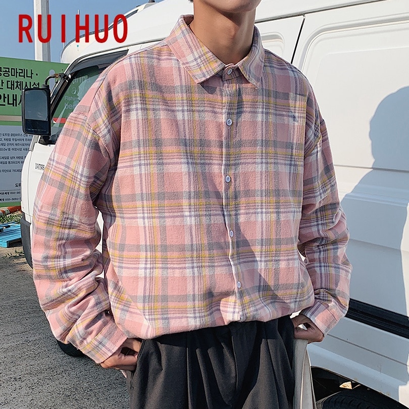 Ruihuo våren casual rutig skjorta herr slim fit bomull herr långärmade skjortor herr toppar märke plus size m -2xl