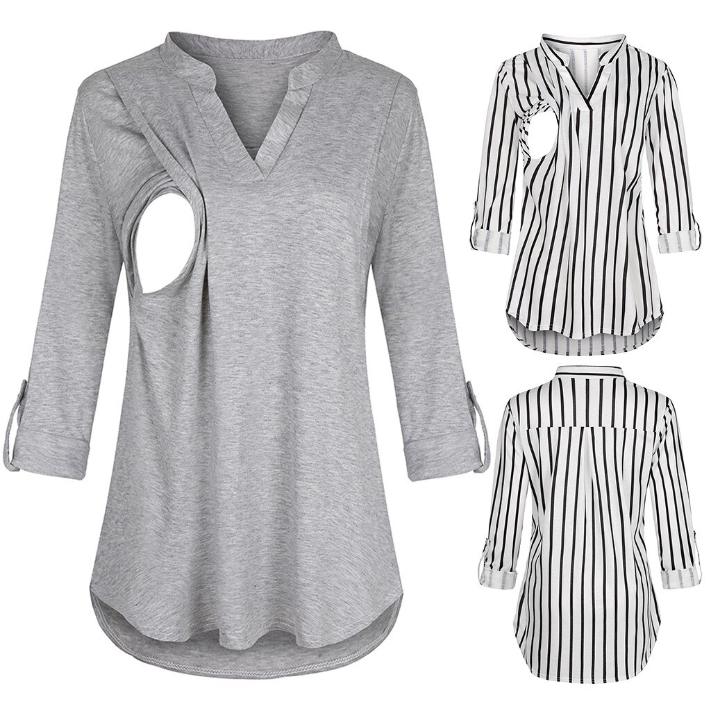 TELOTUNY Women's Maternity Blouse Pregnanty Long Sleeve Striped Nursing Tops Blouse Spring Autumn Casual Pregnancy Clothes L911